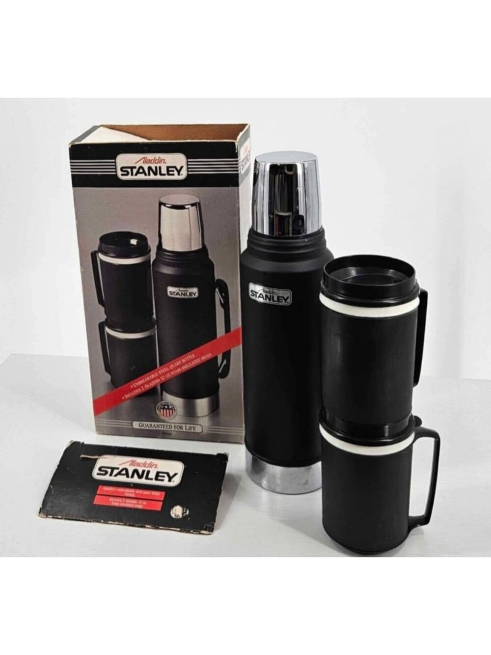 Vintage Aladdin Stanley Black 1 Quart Thermos w/ 2 Insulated Travel Mugs & Box